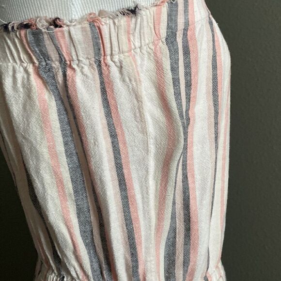 CLOTH & STONE Anthropologie Frayed Hem Strapless Linen Dress Vertical Striped - Picture 5 of 10